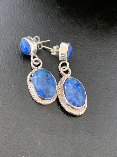 Navajo Denim Lapis Dangle Earrings | Sterling Silver | 1.1" | Authentic Native American Handmade | 2050