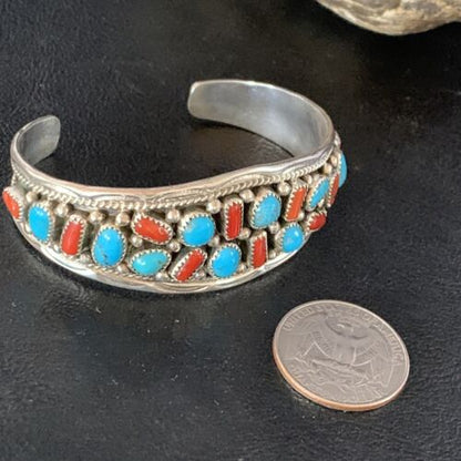 Navajo Kingman Turquoise Coral Cuff Bracelet | Sterling Silver | Authentic Native American Handmade | 14218