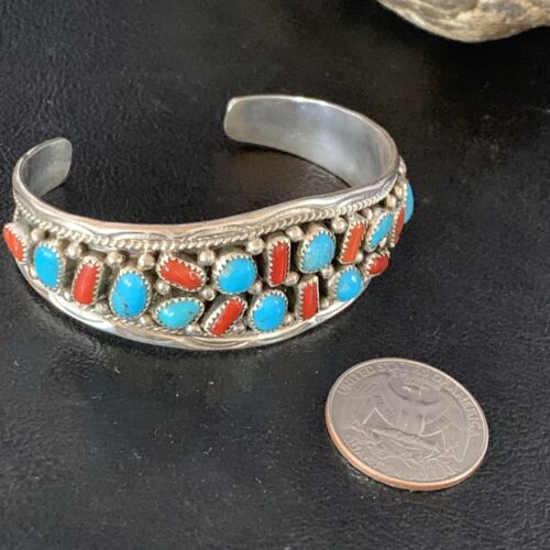 Navajo Kingman Turquoise Coral Cuff Bracelet | Sterling Silver | Authentic Native American Handmade | 14219