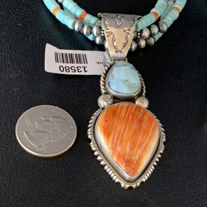 Navajo Dry Creek Turquoise Pendant | Sterling Silver Spiny Necklace | 2.5" | Multi-Strand | 13580 - Masha USA