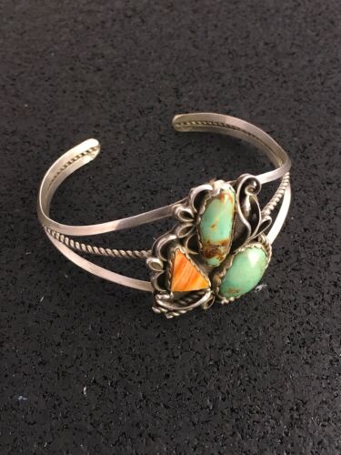 Southwestern Spiny Oyster & Turquoise Bracelet | Navajo Sterling Silver | Authentic Native American Handmade | 8842