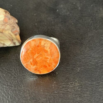 Native American Women's Apple Coral Sponge Ring | Sterling Silver | Sz 8 | 14046