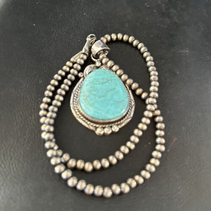 Navajo Blue Turquoise #8 Pendant Necklace | Sterling Silver | Authentic Native American Handmade | 14311