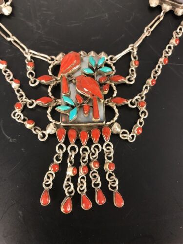 Zuni Turquoise Coral Necklace | Collectible Sterling Silver Pendant | Native American Handmade | 315