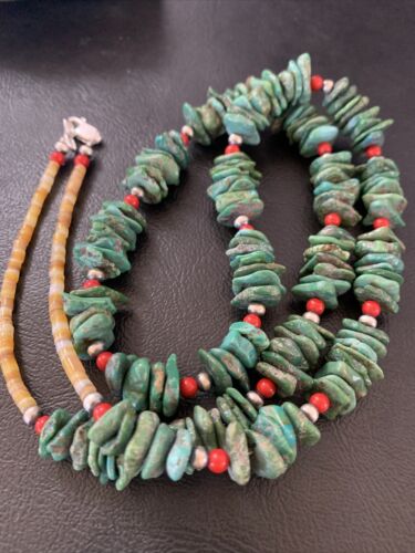 Navajo Green Turquoise Coral Shell Necklace | Sterling Silver | 28" | Authentic Native American Handmade | 11710