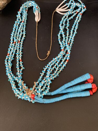 Southwestern Santo Domingo Blue Turquoise Coral Jacla Necklace | 5 Strand | 34" | Native American Handmade | 13180