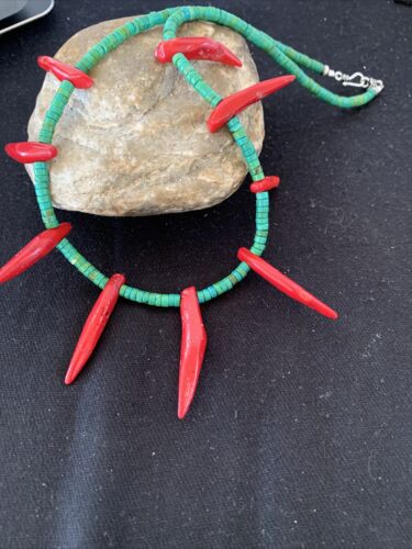 Navajo Turquoise Coral Chili Pepper Necklace | Sterling Silver | Graduated Beads | 20" | 00827