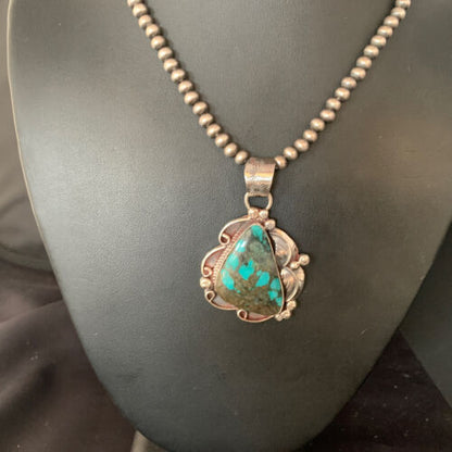 Navajo Spiderweb Turquoise Pendant Necklace | Sterling Silver | 2.25" | Authentic Native American Handmade | 14060