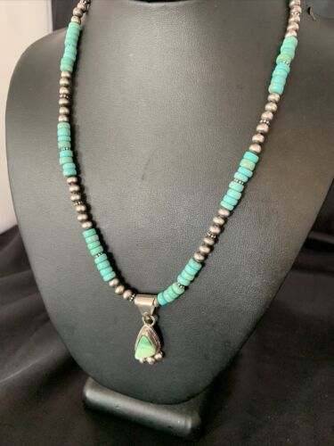 Men's Blue Turquoise Pendant Necklace | Navajo Pearls | Sterling Silver | Authentic Native American Handmade | 13202