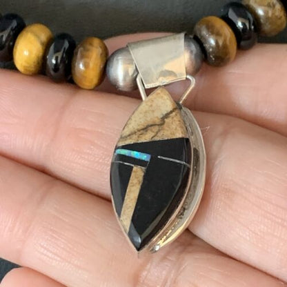 Navajo Sterling Silver Inlay Necklace with Black Onyx, Tigers Eye, Picture Jasper | 22" | 13761