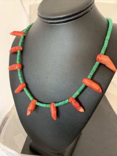 Navajo Turquoise Coral Chili Pepper Necklace | 20" | Sterling Silver Beads | Southwestern | 00828