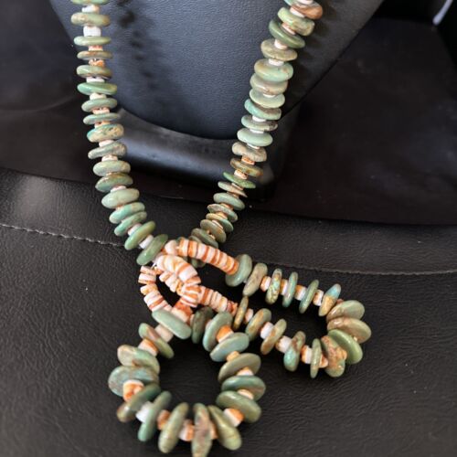 Santo Domingo Green Turquoise & Spiny Oyster Jacla Necklace | Sterling Silver | 26" | 14731