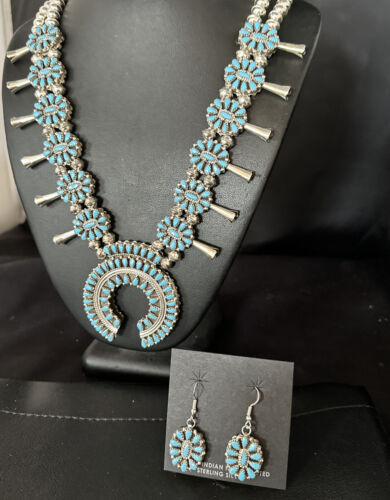 Navajo Dual Side Blue White Buffalo Turquoise Squash Blossom Necklace | Sterling Silver | 14457 - Masha USA