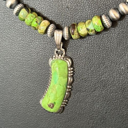 Navajo Green Turquoise Pendant Necklace | Sterling Silver | 22" | Authentic Native American Handmade | 14614 - Masha USA