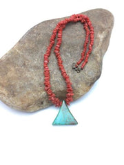Native American Kingman Turquoise and Coral Pendant Necklace | Brass | Old Pawn | 19" | 4029