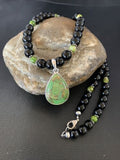 Navajo Pearls Onyx Mojave Turquoise Pendant Necklace | Sterling Silver | Authentic Native American Handmade | 13251