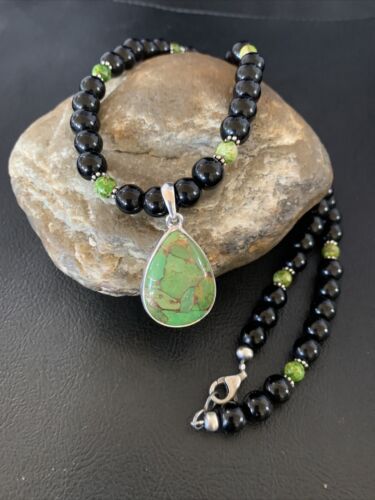 Navajo Pearls Onyx Mojave Turquoise Pendant Necklace | Sterling Silver | Authentic Native American Handmade | 13251