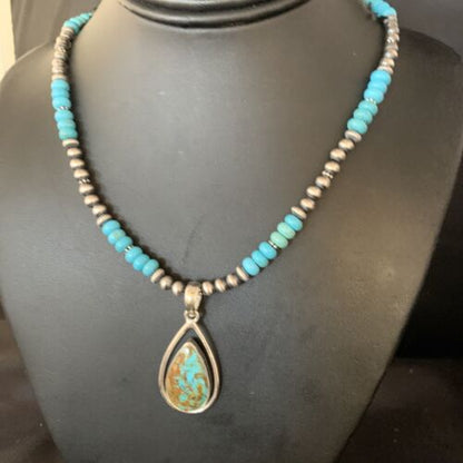 Navajo Blue Turquoise Pendant Necklace | Sterling Silver | Authentic Native American Handmade | 13869