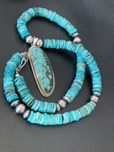Navajo Pearls Spiderweb Beads Turquoise Necklace Pendant | Sterling Silver | Authentic Native American | Graduated | 22" | 10222