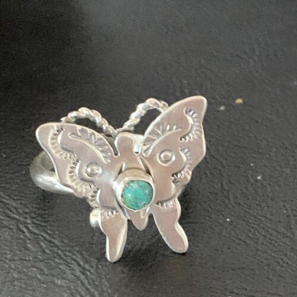 Navajo Blue Turquoise Butterfly Ring | Sterling Silver | Sz Adj 8 | Authentic Native American Handmade | 10340