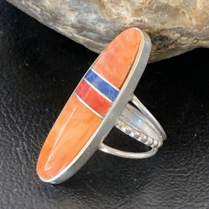 Navajo Red Spiny Oyster Lapis Inlay Ring | Sterling Silver | Sz 5 | Authentic Native American Handmade | 11584