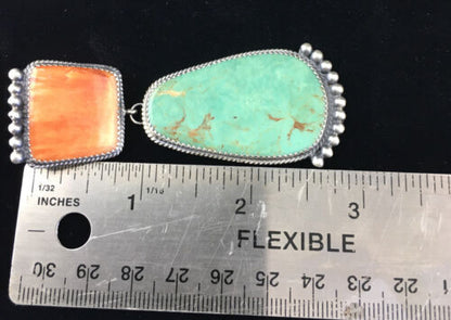 Navajo Blue Turquoise & Spiny Oyster Necklace Pendant | Sterling Silver | Native American Handmade | 10065