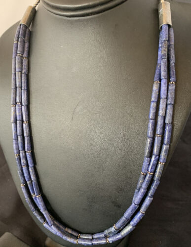 Navajo Blue Lapis 3-Strand Necklace | Sterling Silver Tube Beads | 23" | Authentic Native American Handmade | 12690