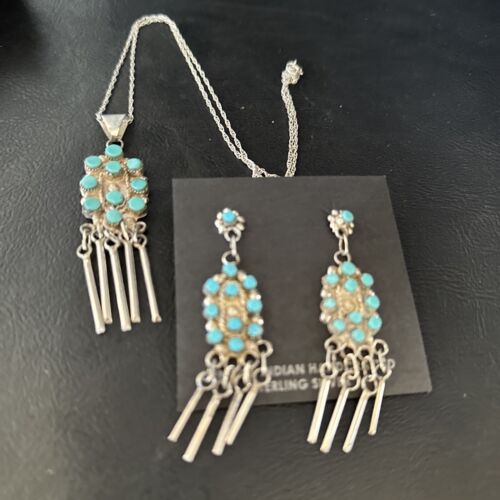 Native American Zuni Kingman Turquoise Necklace Pendant Earrings Set | Sterling Silver | 14487