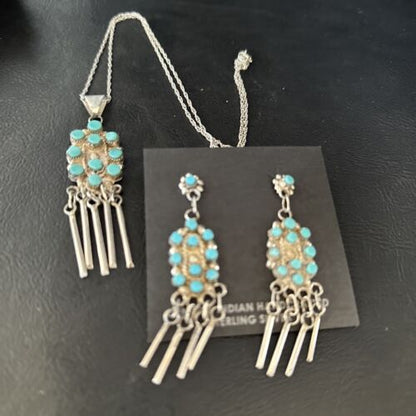 Native American Zuni Kingman Turquoise Necklace Pendant Earrings Set | Sterling Silver | 14487