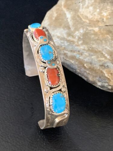 Navajo Sterling Silver Cuff Bracelet | Blue Kingman Turquoise & Coral | 5 Strand | Handmade | 12697