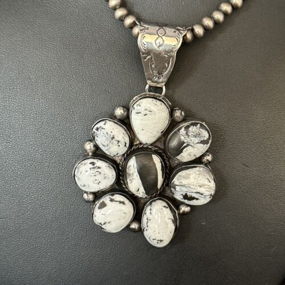 Navajo White Buffalo Turquoise Cluster Pendant | Authentic Native American Sterling Silver | Multi-Stone | 14676 - Masha USA