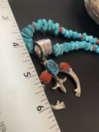 Navajo Sterling Silver Turquoise Coral Pendant Necklace | Authentic Native American Handmade | 11697