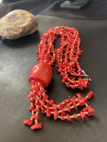 Navajo Red Pink Coral Pendant Necklace | Stainless Steel | 30" | Authentic Native American Handmade | 11711