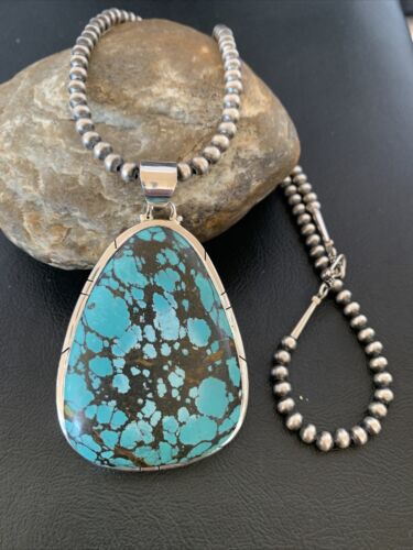 Men's Navajo Pearl Necklace with Blue Spiderweb Turquoise Pendant | Sterling Silver | 10532