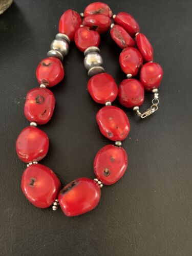 Navajo Red Coral Bead Necklace | Sterling Silver | Graduated | Authentic Native American | 21" | 13199