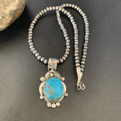 Men's Navajo Pearls Necklace with Blue Kingman Turquoise Pendant | Sterling Silver | Native American Handmade | 12596