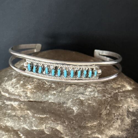 Zuni Blue Turquoise Sterling Silver Needle Point Cuff Inlay Bracelet 14594
