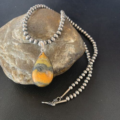 Navajo Bumblebee Jasper Pendant Necklace | Sterling Silver | Authentic Native American Handmade | 12729