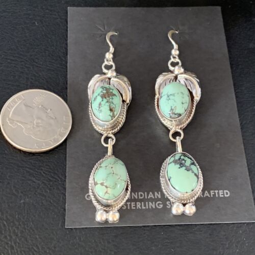 Navajo Green Spiderweb Turquoise Dangle Earrings | Sterling Silver | Authentic Native American Handmade | 13553