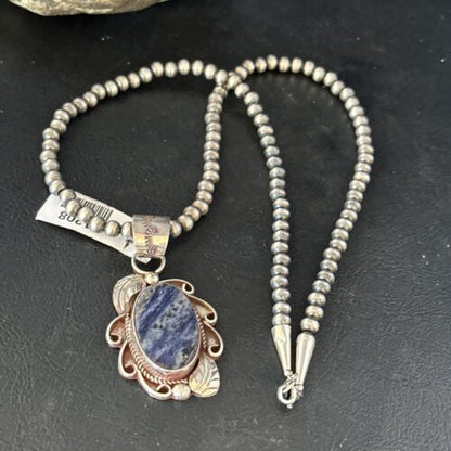 Navajo Denim Lapis Pendant Necklace | Sterling Silver Beads | Authentic Native American Handmade | 1208
