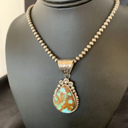 Navajo Pearls Necklace with Blue Royston Turquoise Pendant | Sterling Silver | Native American Handmade | 10764