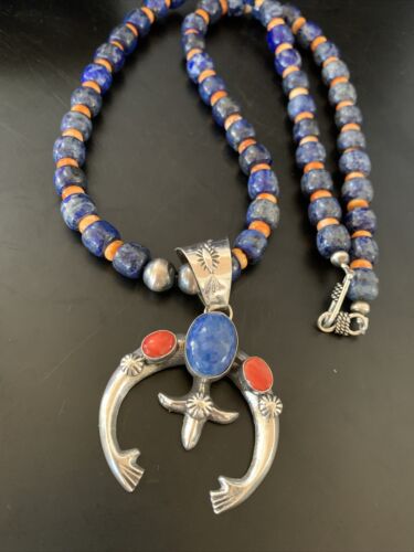 Navajo Native American Blue Lapis Spiny Oyster Naja Pendant | Sterling Silver | 11495