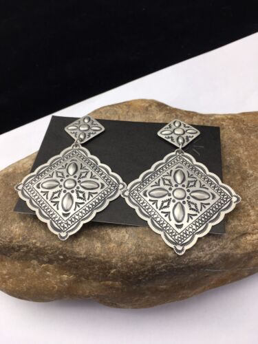 Native American Navajo Stamped Earrings Set | Sterling Silver | 2.75" | 1704