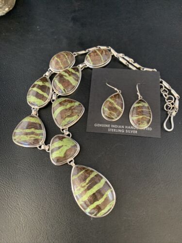 Navajo Green Gaspeite Necklace Choker Earrings Set | Sterling Silver Pendant | 19" | Authentic Native American Handmade | 13795