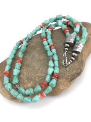 Native American Turquoise Spiny Sterling Silver Nugget Bead Necklace | 22" | 1352