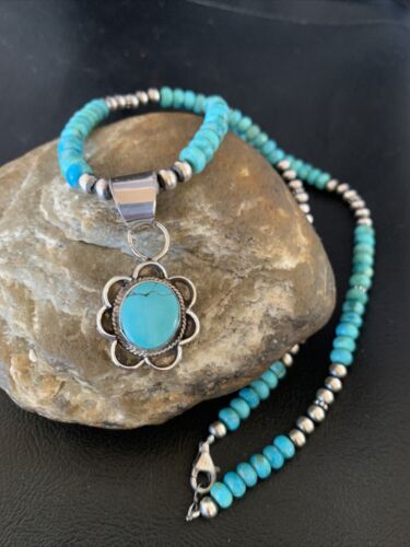 Navajo Blue Turquoise Pendant Necklace | Sterling Silver Pearls | Authentic Native American Handmade | 13218