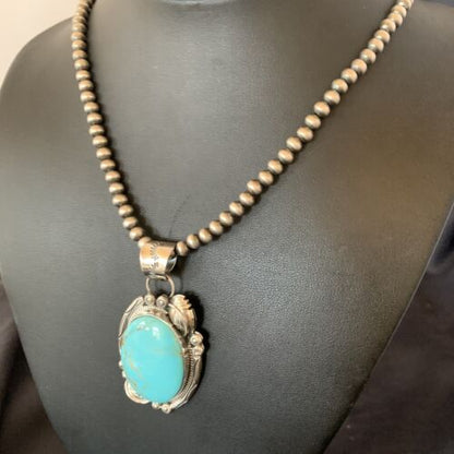 Navajo Pearl Blue Kingman Turquoise Necklace Pendant | Sterling Silver | Authentic Native American Handmade | 12287