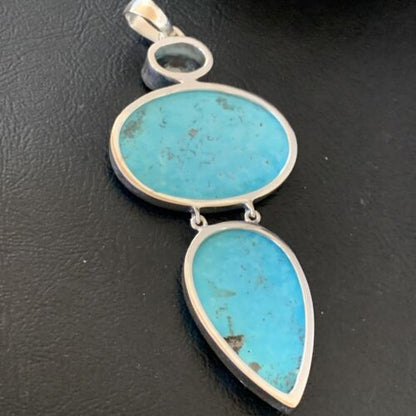 Navajo Blue Topaz Turquoise Multi-Stone Pendant | Authentic Native American Sterling Silver | 3.5" | 12024