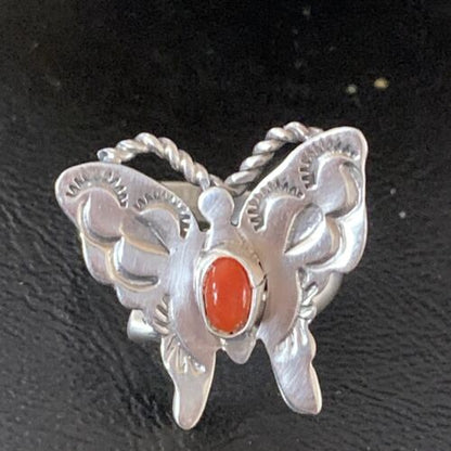 Navajo Red Spiny Oyster Butterfly Ring | Sterling Silver | Adj Sz 8 | Authentic Native American Handmade | 10342
