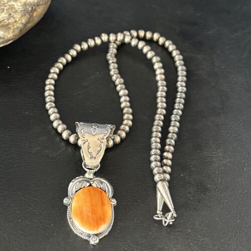 Navajo Orange Spiny Oyster Pendant Necklace | Sterling Silver | Authentic Native American Handmade | 14684